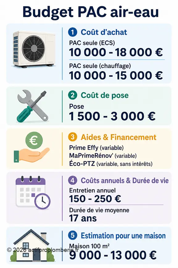 Synthèse budgétaire pour une pompe à chaleur air-eau : coûts d'achat, pose, aides, entretien annuel et durée de vie.
