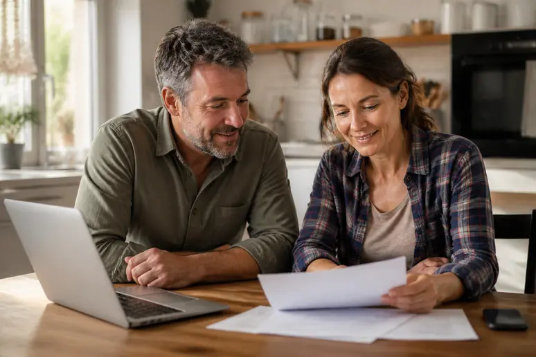 Un couple français étudie des documents d'aides financières pour l'installation d'une pompe à chaleur, une démarche clé pour leur projet de rénovation.