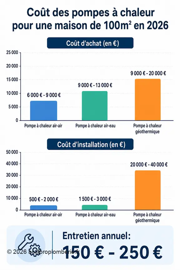 Comparaison des coûts d'achat et d'installation des pompes à chaleur air-air, air-eau et géothermique pour 100m².