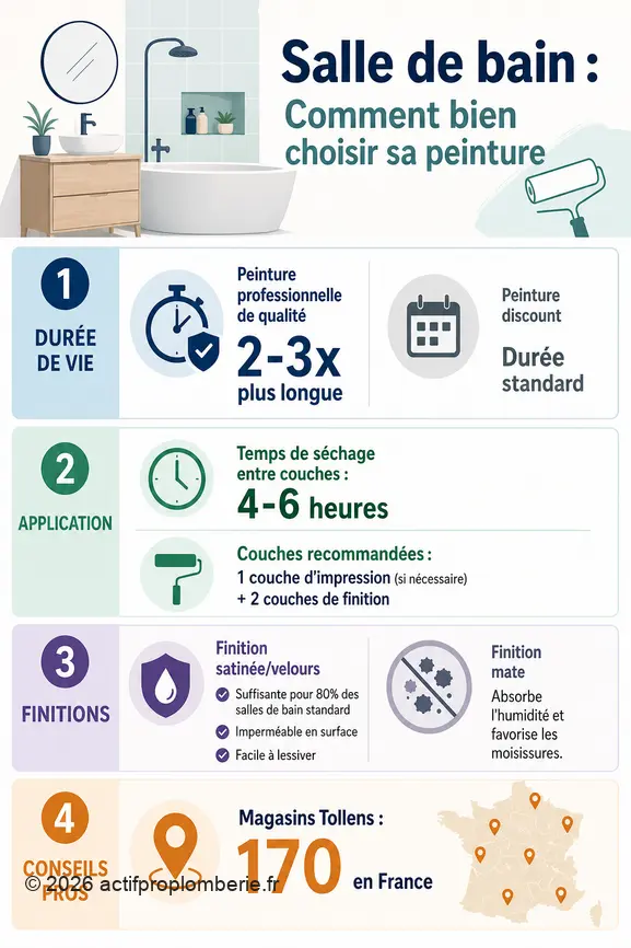 Infographie comparant la durée de vie, l'application et les finitions des peintures pour salles de bain, avec conseils pratiques.
