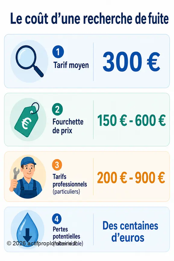 Infographie montrant le coût moyen, la fourchette de prix et les tarifs professionnels d'une recherche de fuite.