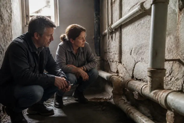 Un couple examine des tuyaux de plomberie anciens dans un sous-sol, soulignant les problèmes d'infrastructure des logements vétustes.