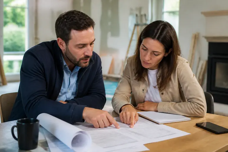Un agent immobilier et un propriétaire discutent d'un budget de rénovation dans un salon partiellement rénové, illustrant la planification financière des travaux.