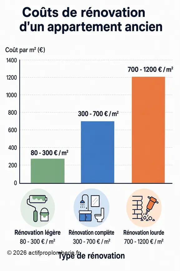 Comparaison des coûts moyens par mètre carré pour la rénovation légère, complète et lourde d'un appartement ancien.
