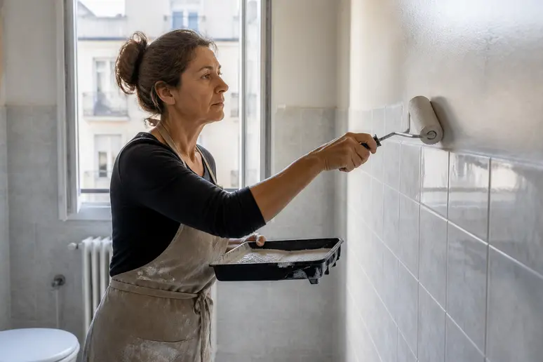 Une femme applique une peinture spéciale pour carrelage sur un mur de salle de bain, dans une lumière naturelle.