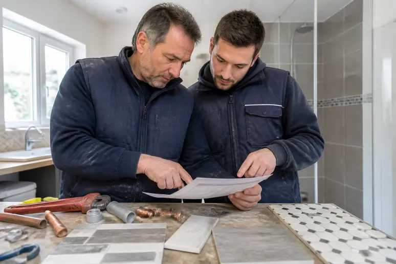 Deux plombiers français analysent attentivement un devis de rénovation de salle de bain sur un plan de travail.