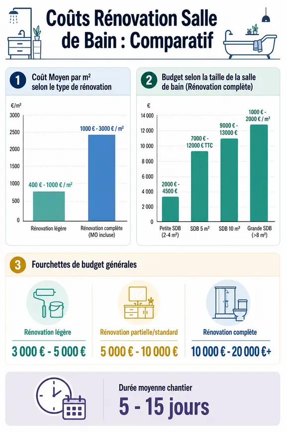 Comparatif des coûts de rénovation de salle de bain par type de travaux, surface et budget moyen.