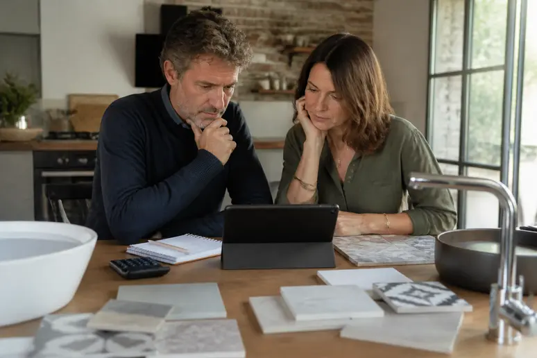 Un couple français discute de son budget de rénovation de salle de bain, comparant des échantillons et des devis à table.