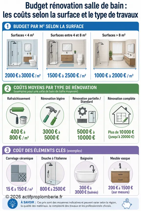 Comparaison des budgets de rénovation de salle de bain par surface, type de travaux et éléments clés.