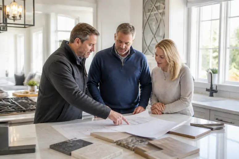Un couple discute des plans de rénovation de leur cuisine avec un entrepreneur, planifiant les étapes et les coûts associés aux différents types de travaux.