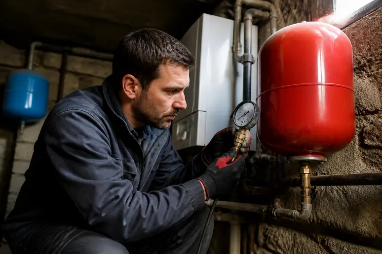 Un chauffagiste professionnel vérifie la pression d'un vase d'expansion rouge sur une chaudière résidentielle.