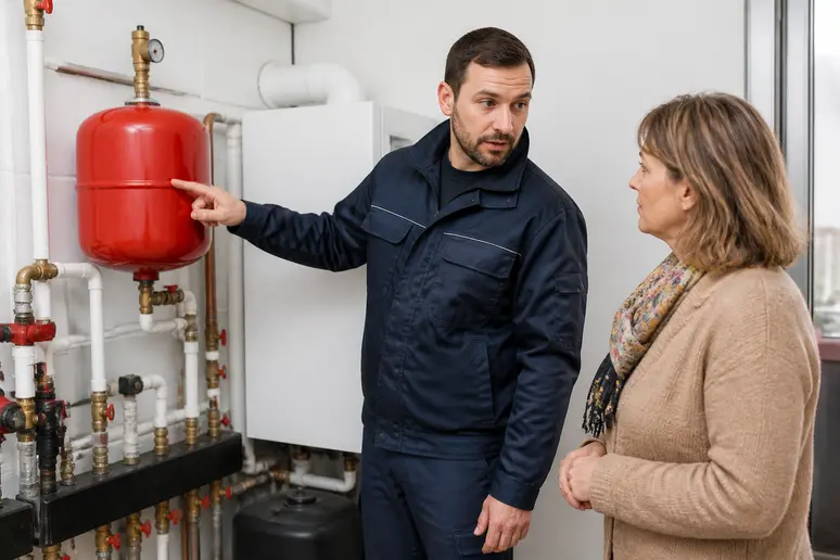 Un technicien explique l'entretien annuel d'un vase d'expansion à un propriétaire dans une chaufferie.