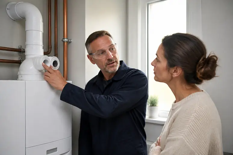 Un chauffagiste explique le système de ventouse d'une chaudière à condensation à une propriétaire attentive.