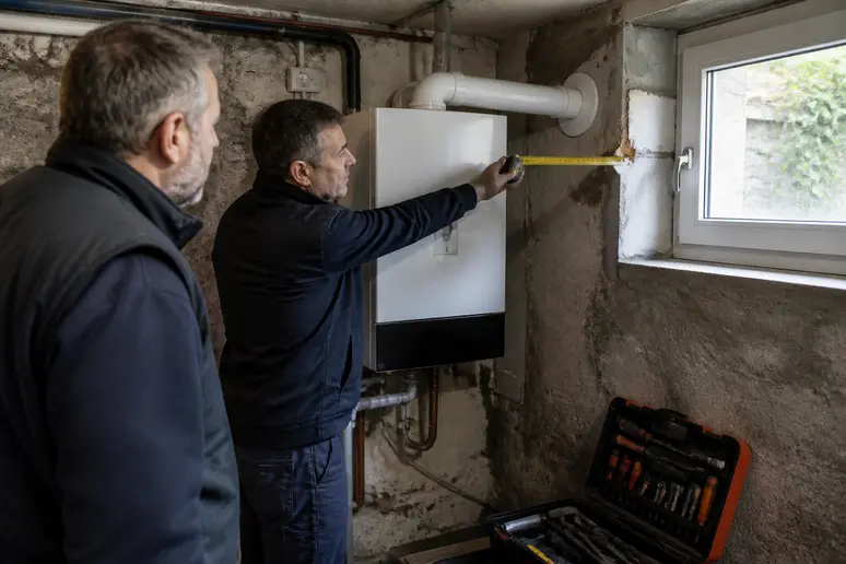 Un chauffagiste certifié mesure la distance réglementaire entre la sortie de ventouse et une fenêtre.