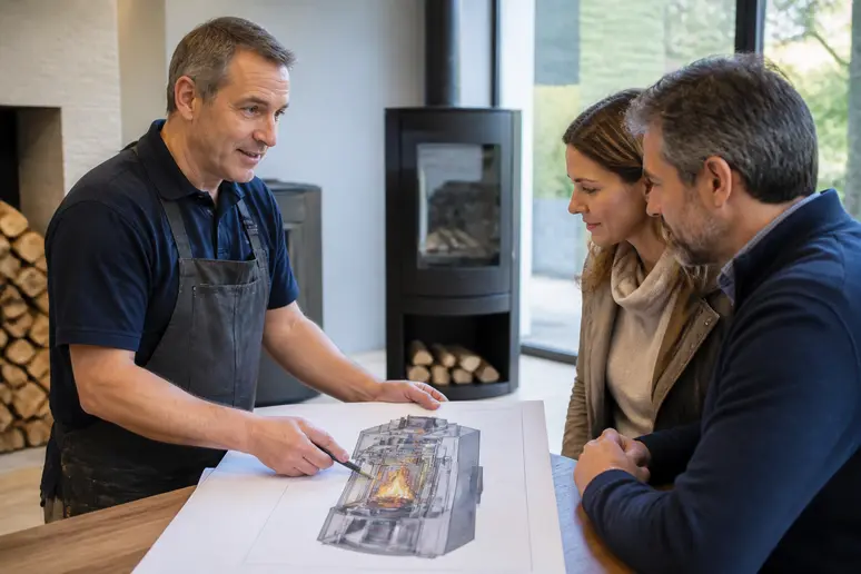 Un artisan explique le coût d'une chaudière à bois à un couple