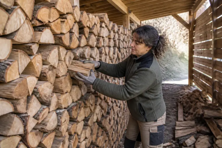 Une femme range du bois sec pour sa chaudière à bois