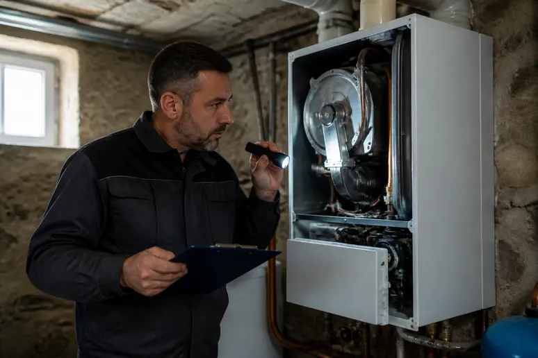 Un chauffagiste qualifié examine une chaudière à gaz dans une cave.