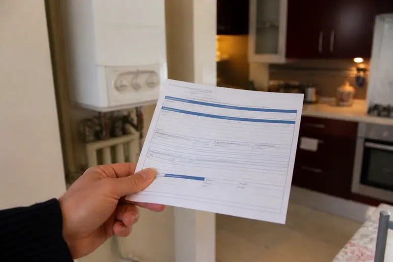 Main tenant une attestation d'entretien pour une chaudière à gaz.