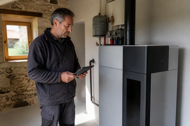 Un homme vérifie une chaudière biomasse moderne dans une pièce technique bien rangée.