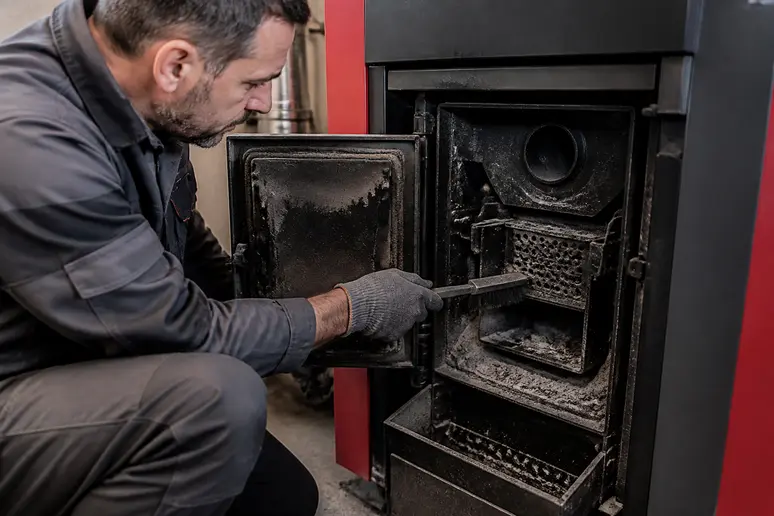 Un technicien nettoie l'intérieur d'une chaudière biomasse, éliminant les cendres.