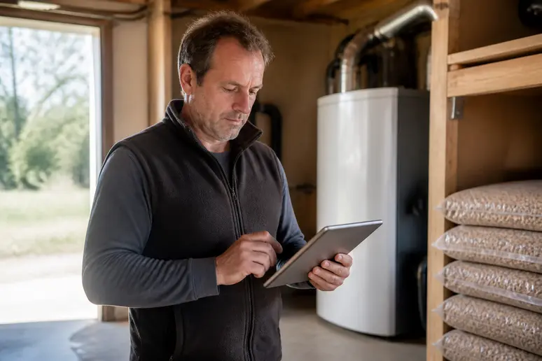 Un homme consulte les aides financières pour l'installation d'une chaudière bois moderne dans son garage.