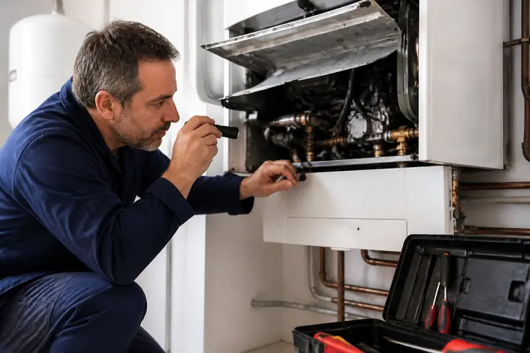 Plombier effectuant l'entretien annuel d'une chaudiere prix gaz moderne et performante.