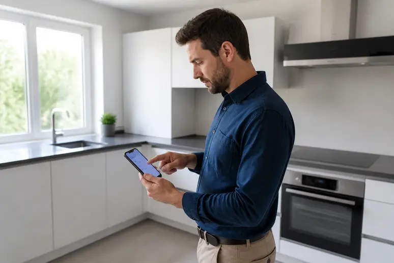 Un inspecteur analyse le calcul de la classe énergétique d'une cuisine moderne sur son smartphone.
