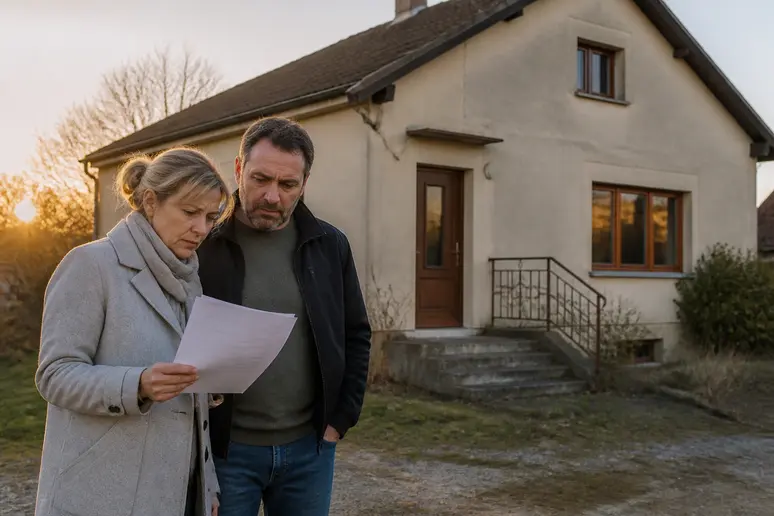 Couple inquiet devant leur maison évaluant l'impact d'une mauvaise classe énergétique.