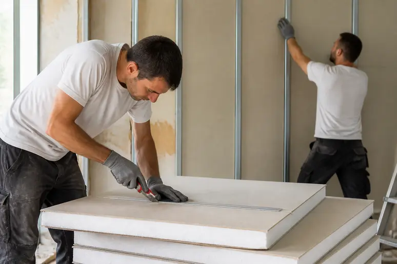 Installation professionnelle de panneaux isolants pour l'isolation intérieure des murs.