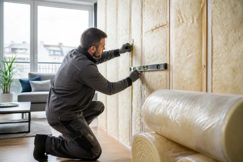Installateur professionnel réalisant une isolation mur intérieur, coût maîtrisé.