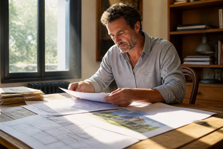 Un homme examine les documents pour une isolation par l'extérieur.