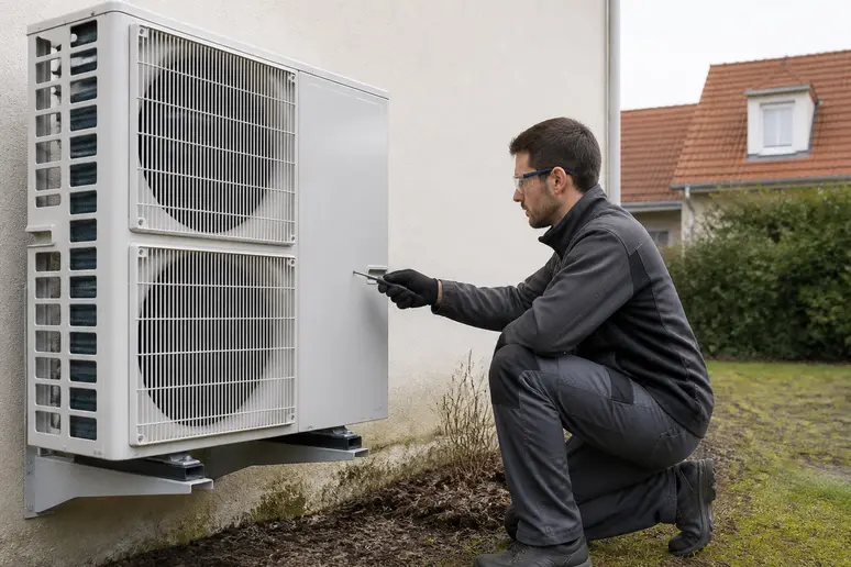 Technicien RGE contrôlant une unité extérieure de pompe à chaleur, aspect prix-pompe-a-chaleur-maison-80m2.