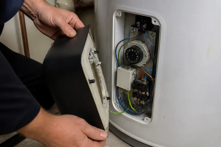 Technicien inspectant les connexions électriques sous le capot d'un chauffe-eau qui disjoncte.