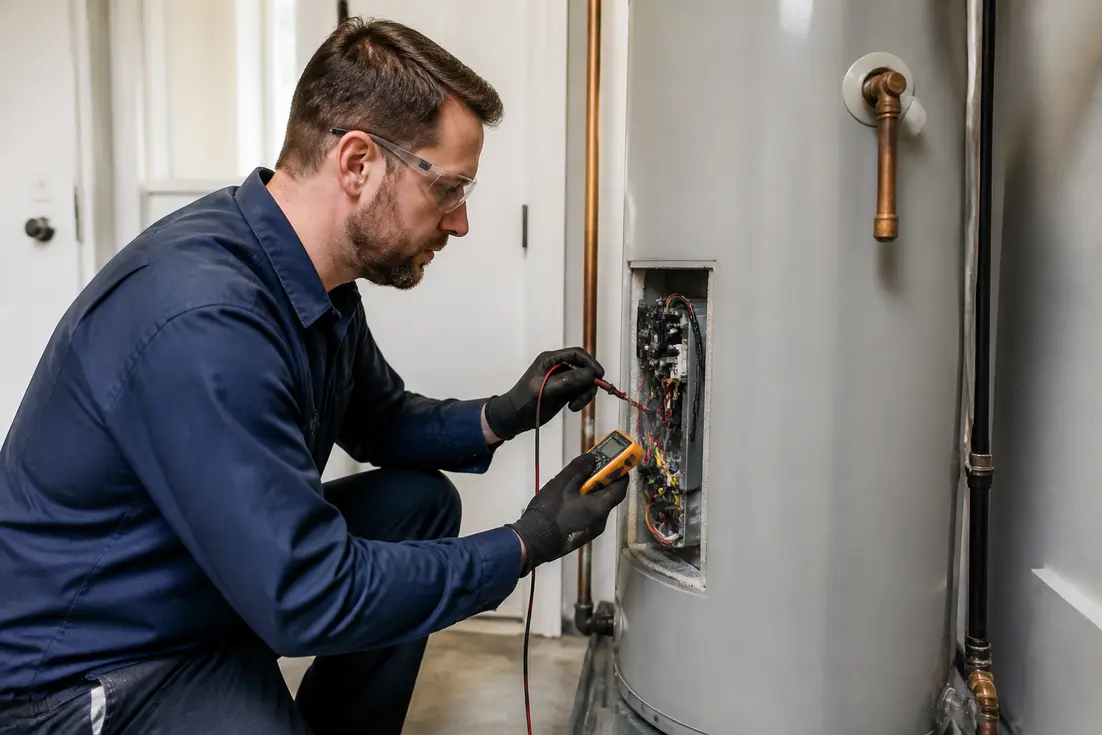 Un électricien vérifie le câblage d'un chauffe eau disjoncte dans un local technique résidentiel.