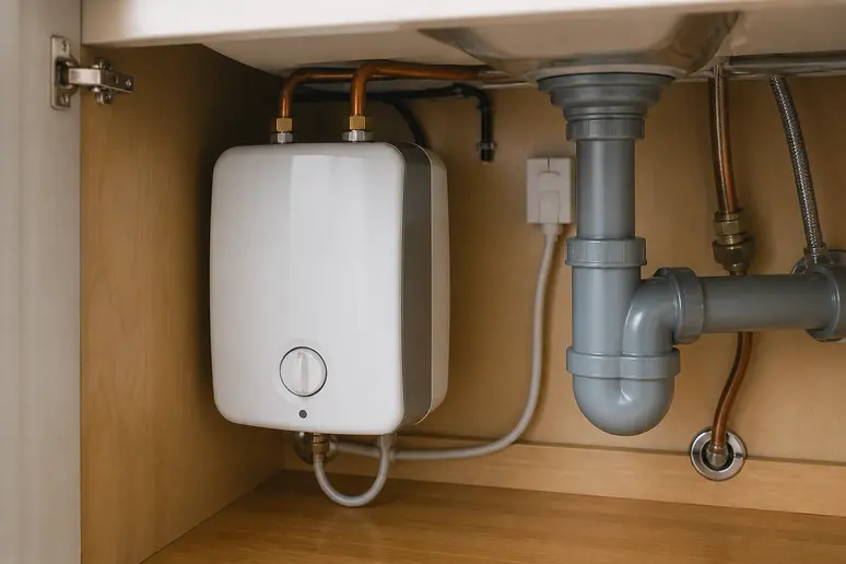 Installation compacte d'un chauffe-eau instantané sous un évier de cuisine moderne