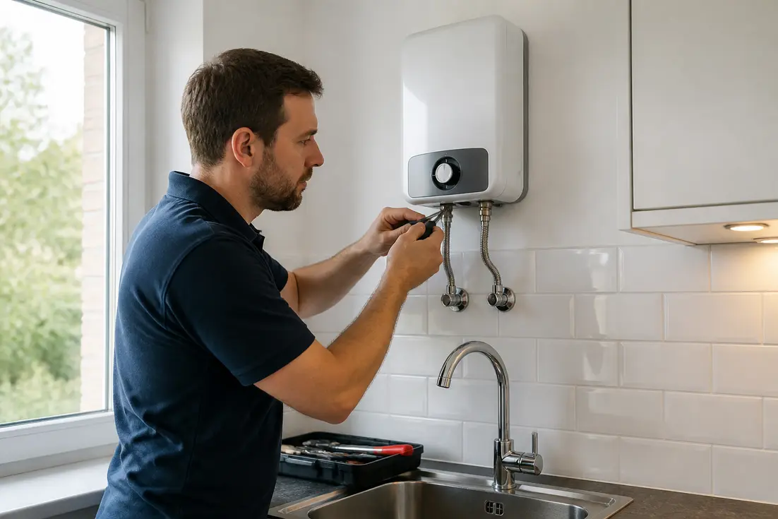 Un plombier installe un chauffe eau instantané avis technique sur un mur de cuisine.