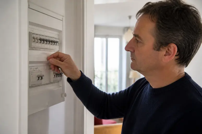 Un homme vérifie le disjoncteur principal de son tableau électrique dans son appartement.