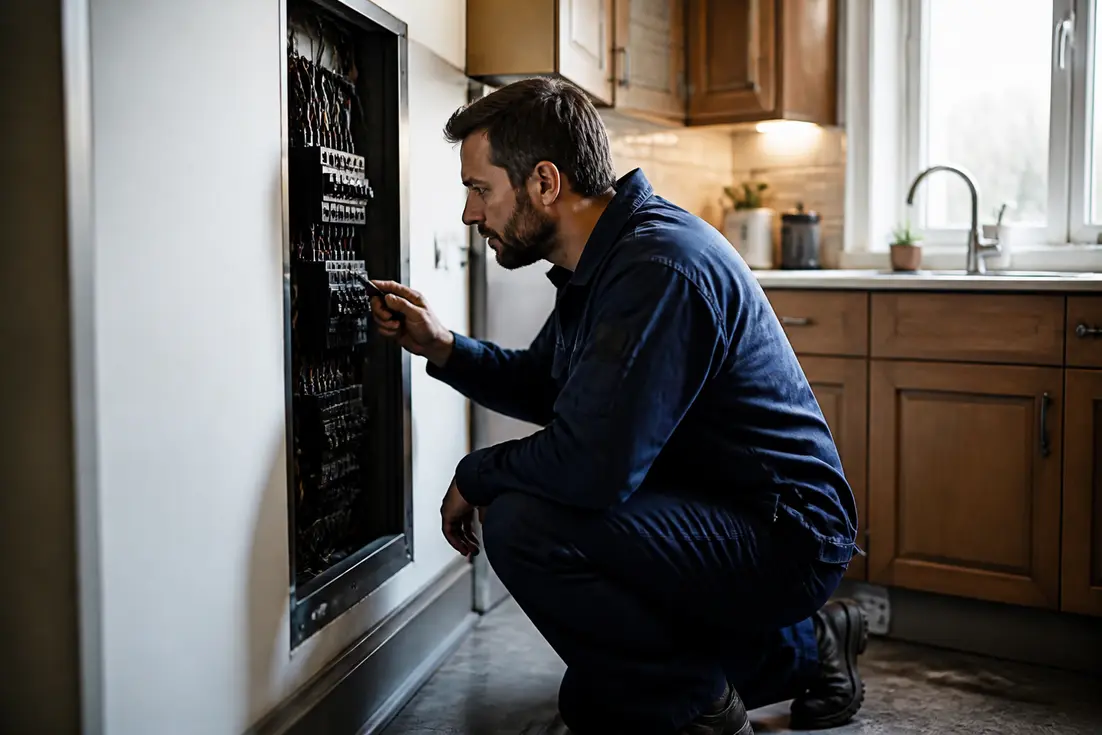 Professionnel en pleine intervention de dépannage électrique dans une cuisine résidentielle.