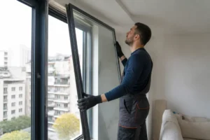 Installation d'un double vitrage phonique par un professionnel dans un appartement urbain lumineux