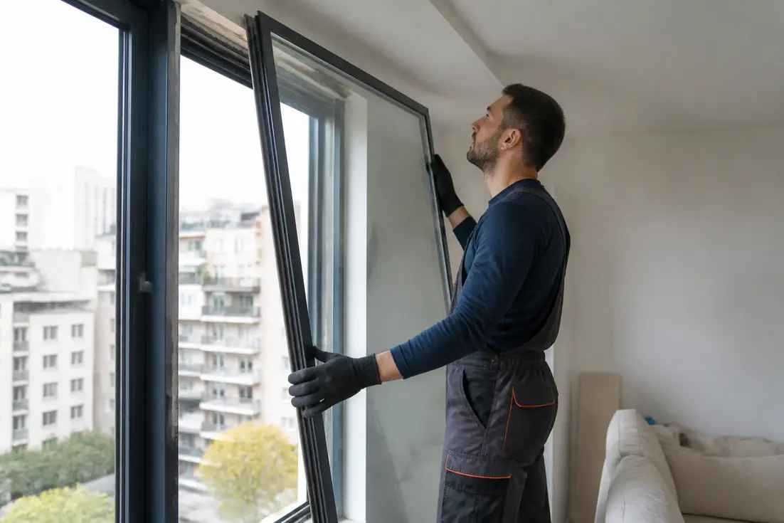 Installation d'un double vitrage phonique par un professionnel dans un appartement urbain lumineux