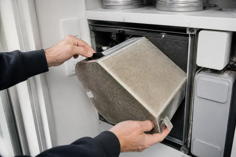 Technicien remplaçant le filtre encrassé d'une installation de VMC double flux