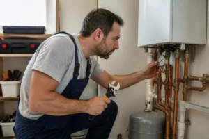 Expert vérifiant un entretien chaudière Engie avec un outil.