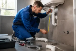 Un plombier mesure soigneusement la hauteur évacuation lavabo sur un mur carrelé de salle de bains.