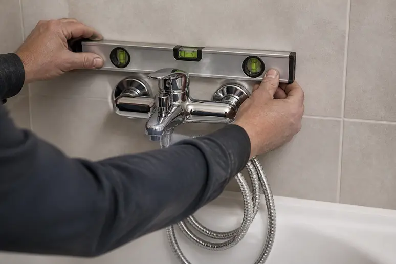 Mains d'un plombier ajustant un mitigeur de baignoire, vérifiant la hauteur par rapport au bord.