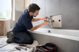 Installation d'un mitigeur baignoire par un professionnel, respectant la hauteur idéale.