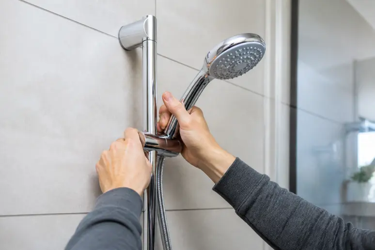 Mains ajustant la hauteur d'un pommeau de douche sur une barre de douche coulissante.
