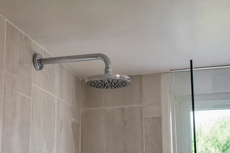 Bras de douche mural et pommeau installés sous un plafond de salle de bains bas.