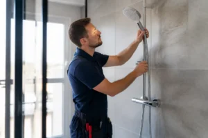 Un plombier ajuste la hauteur pommeau de douche sur un rail dans une salle de bains moderne.