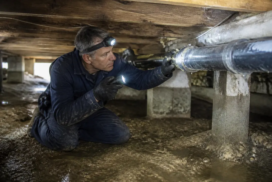 Technicien inspectant les canalisations d'un crawl space pour traiter l'humidité vide sanitaire.