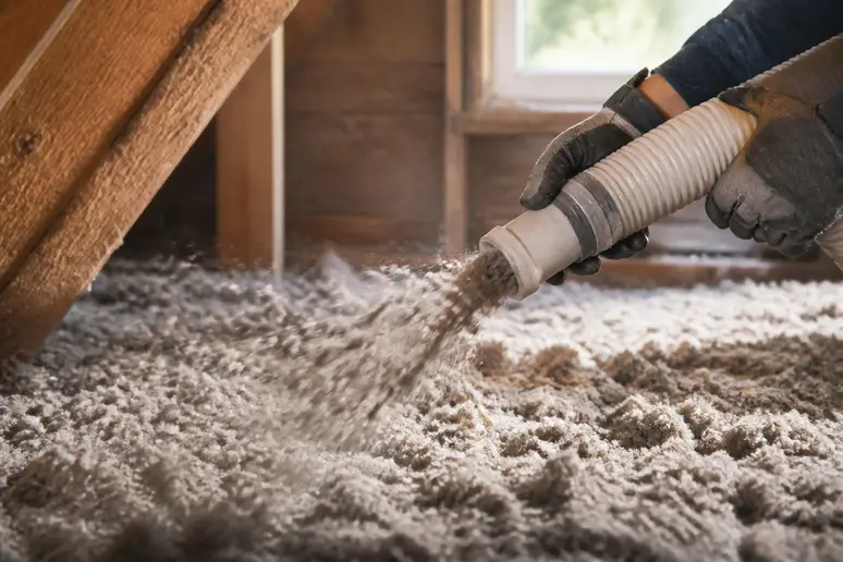 Mains d'un artisan soufflant un isolant en vrac dans les combles pour une couverture homogène.